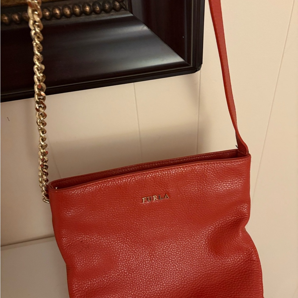 Furla Orange Crossbody Bag with Gold Chain
10”